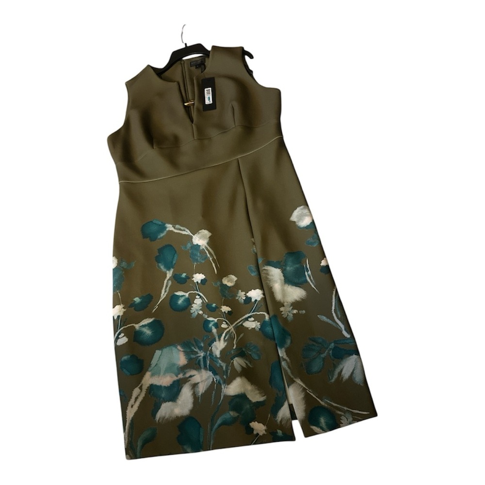 Donna Karan Olive and Teal Patterned Midi Dress